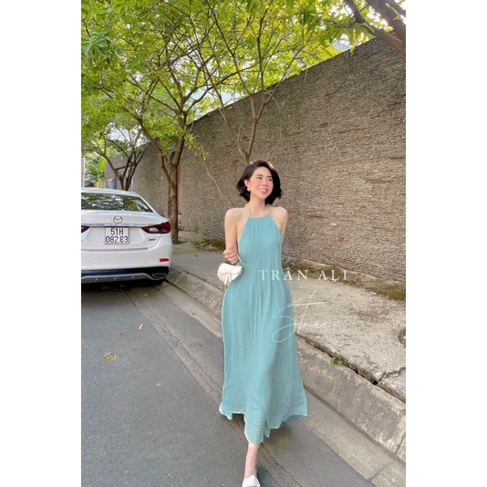 Đầm maxi suông cổ yếm nơ cổ hở lưng / Xanh bơ, xanh biển, hồng nude / Đầm maxi đi chơi, đi biển