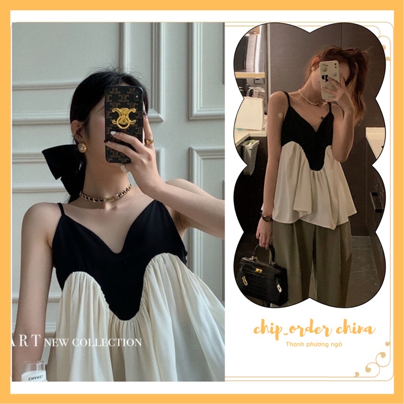 Áo 2 dây babydoll phối màu đen trắng quảng châu loại 1