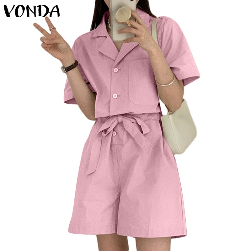 Áo liền quần VONDA tay ngắn phối nút thắt lưng thời trang mùa hè Hàn Quốc cho nữ