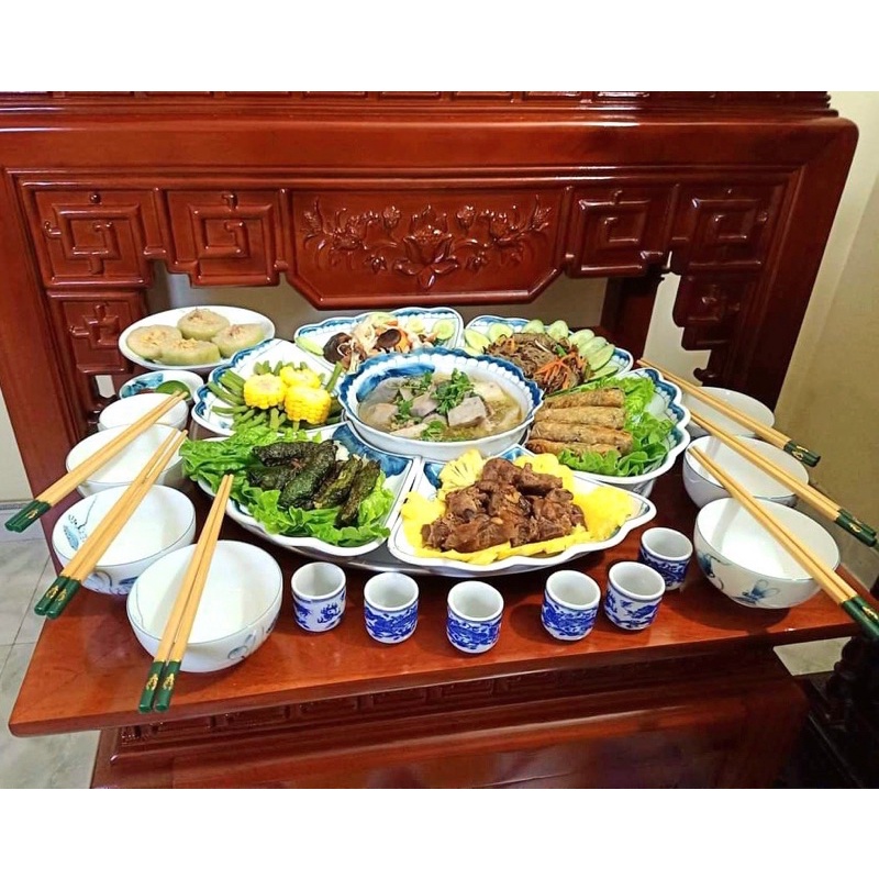 Bộ Bát Đĩa Hoa Mặt Trời Vẽ Sen Chuồn Xanh Men Trắng Chén Dĩa Sứ Cúng Gia Tiên Hoạ Tiết Vẽ Kĩ Sứ Bát Tràng Cao Cấp 2 Size