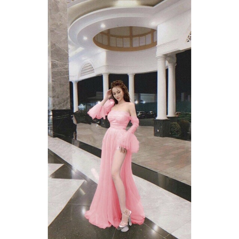 Đầm maxi dự tiệc tay loa xẻ đùi trễ vai lưới TRIPBLE T DRESS - size M/L - MS246V