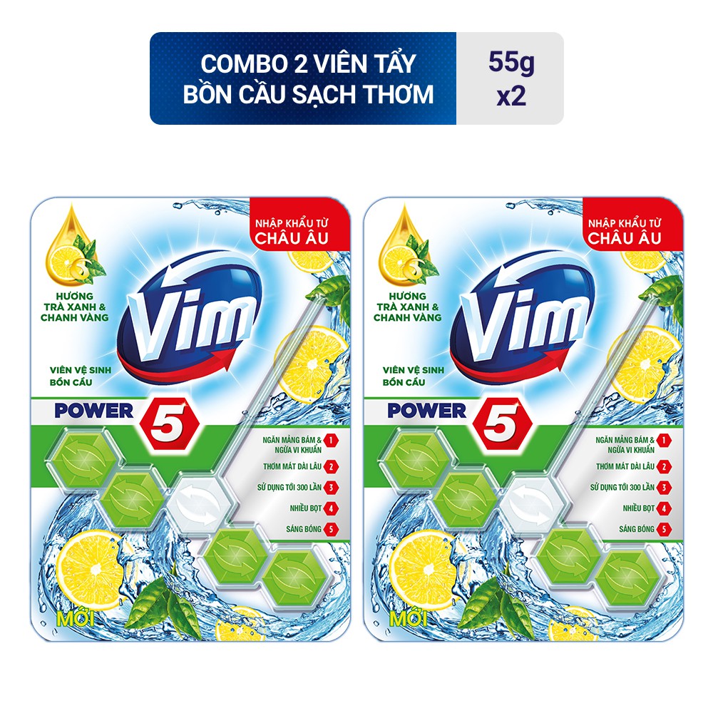 Combo 2 Viên Tẩy Bồn Cầu Vim Power 5 Hương Trà Xanh Chanh Vàng 55Gx2 Sạch Khuẩn Thơm Mát