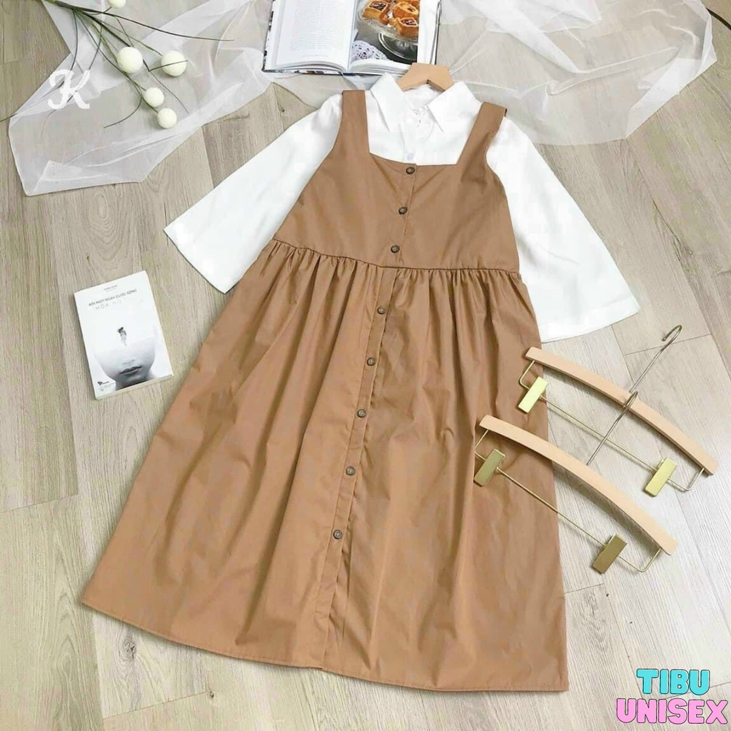 SET VÁY YẾM KSTE BE + ÁO THUN TRẮNG - BỘ ĐẦM 2 DÂY BẢN TO MÀU BE DÁNG DÀI ULZZANG