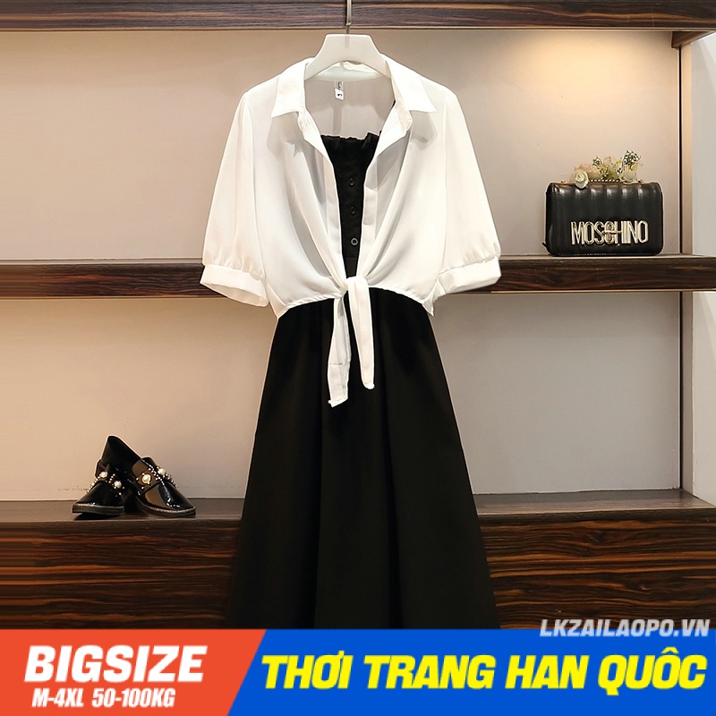 Sét bộ đồ nữ Bigsize Đầm 2 dây dáng dài chữ a kết hợp Áo sơ mi form rộng tay ngắn mùa hè Phong cách Hàn Quốc Thời Trang đi Chơi sang chảnh cá tính quảng châu cao cấp