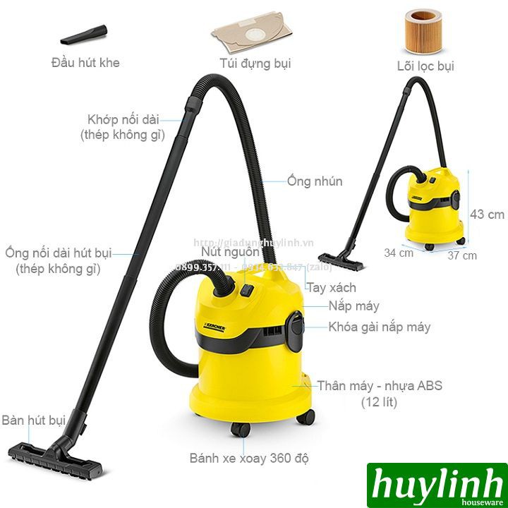 [Mã ELHAMS5 giảm 6% đơn 300K] Máy hút bụi Khô và Ướt Karcher WD2 Cartridge - Tặng kèm bộ 5 túi lọc bụi giá 220.000