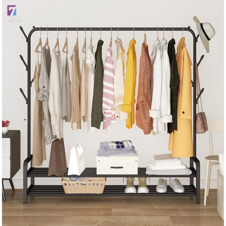 Kệ Treo Quần Áo 2 Tầng Khung Đơn Tặng Kèm Móc Treo Túi Xách Bên Hông