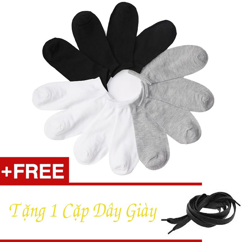 Bộ 12 đôi vớ trơn tặng dây giày ( trắng đen xám)