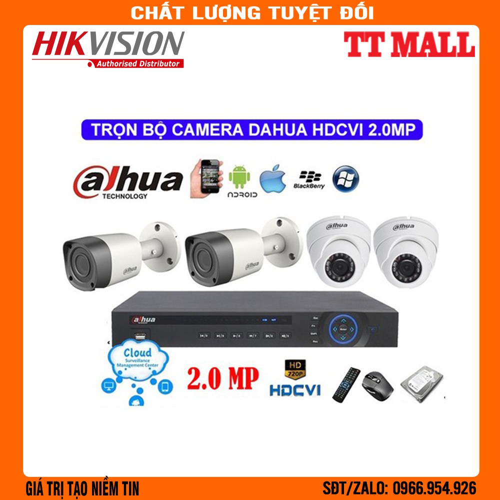 [Tích hợp thu âm] Trọn bộ 4 mắt camera dahua 2.0 Full HD 1080p Kèm ổ cứng 500G lưu trữ +đầy đủ phụ kiện+40m dây đúc sẵn