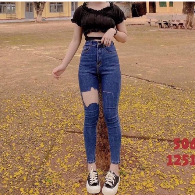 Set jeans dài co giãn xanh đậm rách ô + áo đắp chéo cột eo