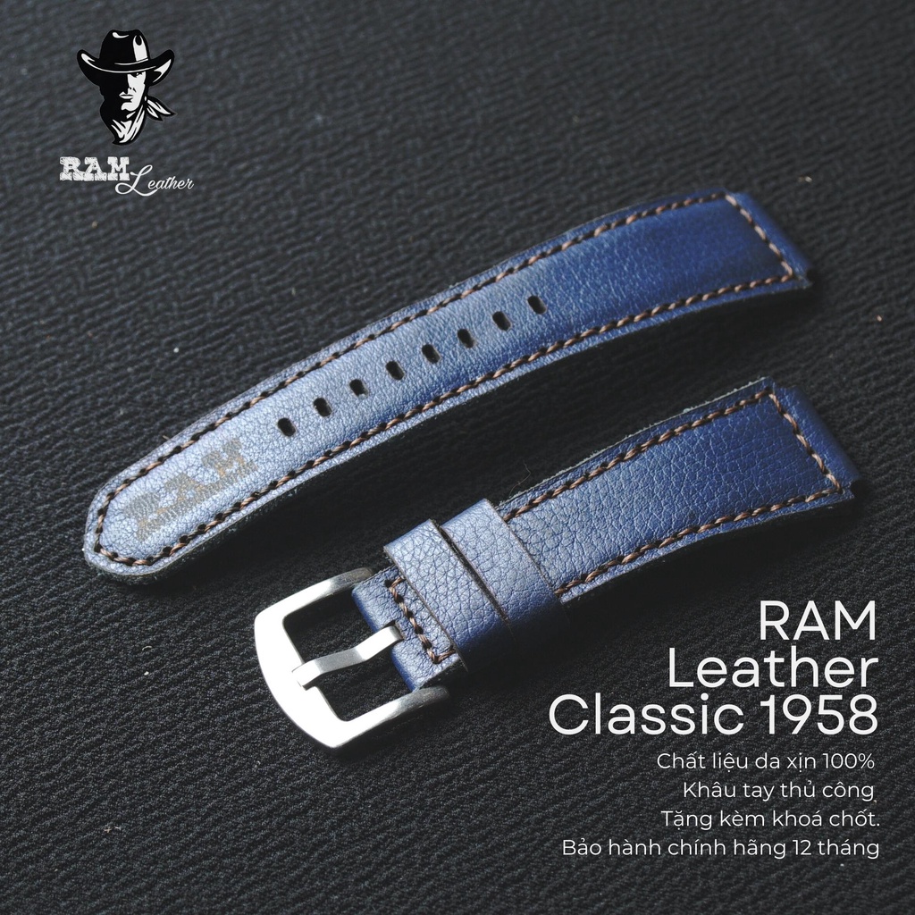 Dây Đồng Hồ Da Thật RAM Leather 1958 Cho Casio AE 1200 WHD và đồng hồ dây 18mm Da Bò Mill Xanh Navy  Bền Đẹp