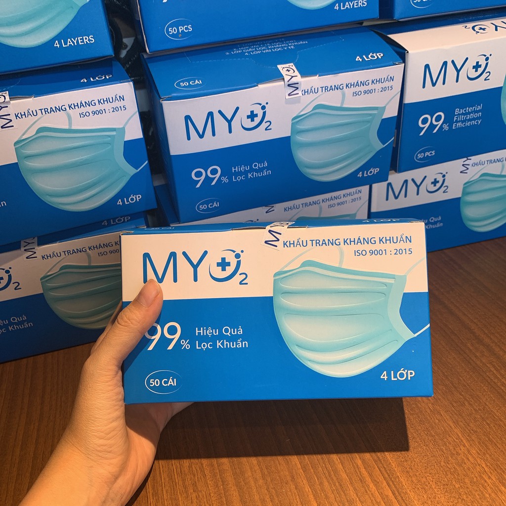 Hộp 50 Khẩu Trang Y Tế 4 Lớp MyO2 Kháng Khuẩn Than Hoạt Tính Màu Xanh