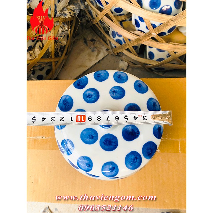 Hũ đựng ga vị, mỡ và mẻ bằng sứ  Bát Tràng  chấm bi xanh