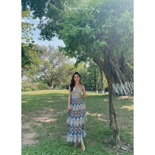 Đầm maxi dập ly tầng họa tiết