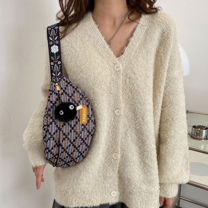 Túi đeo chéo IELGY kẻ sọc caro trắng đen phong cách Nhật Bản cho nữ