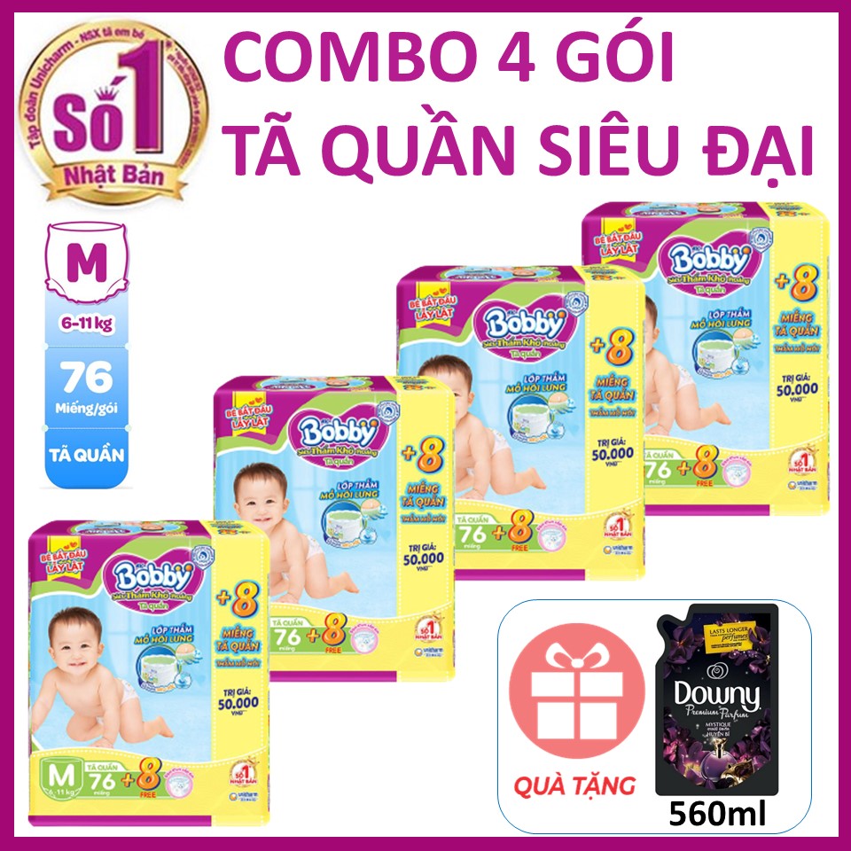 Combo 4 tã quần Bobby Siêu cực đại  tặng thêm 8 miếng và 1 bộ băng quần Diana cao cấp hoặc túi Downy 560ml