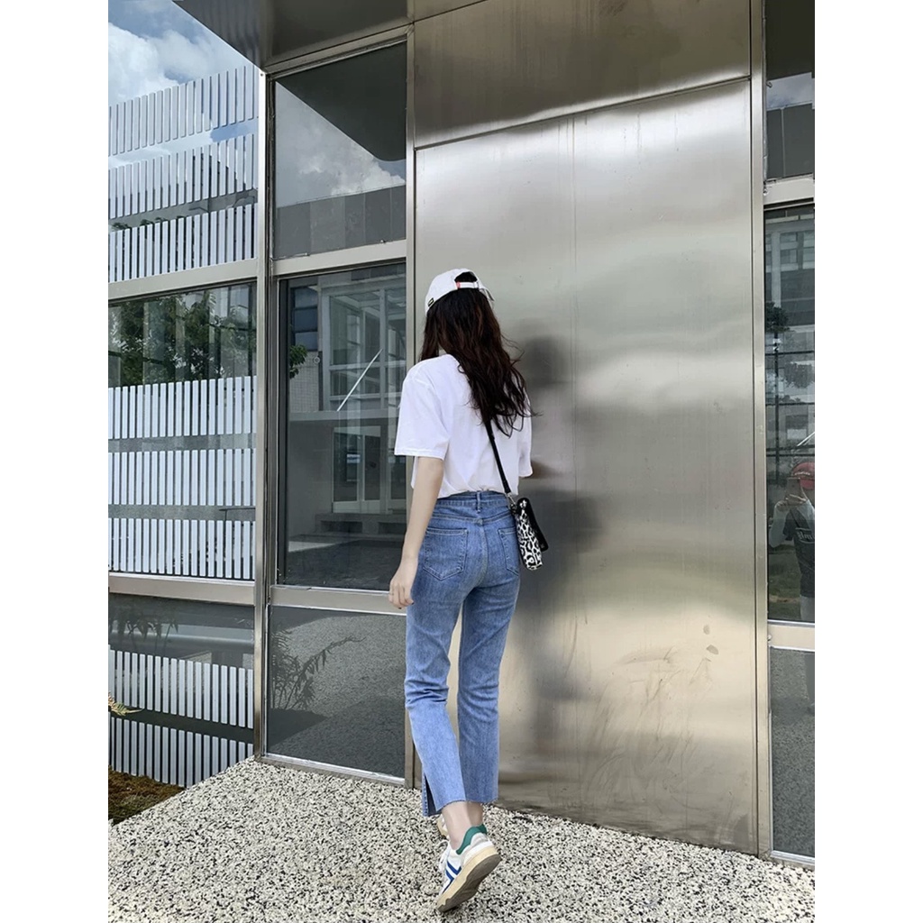 Quần bò jean nữ ống đứng sẻ gấu co giãn suông rộng jeans cạp cao 3 màu cao cấp Hottrend