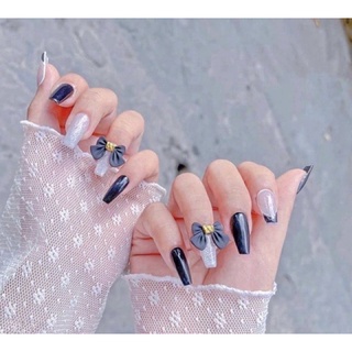 Nailbox đen nhũ đính nơ bản to