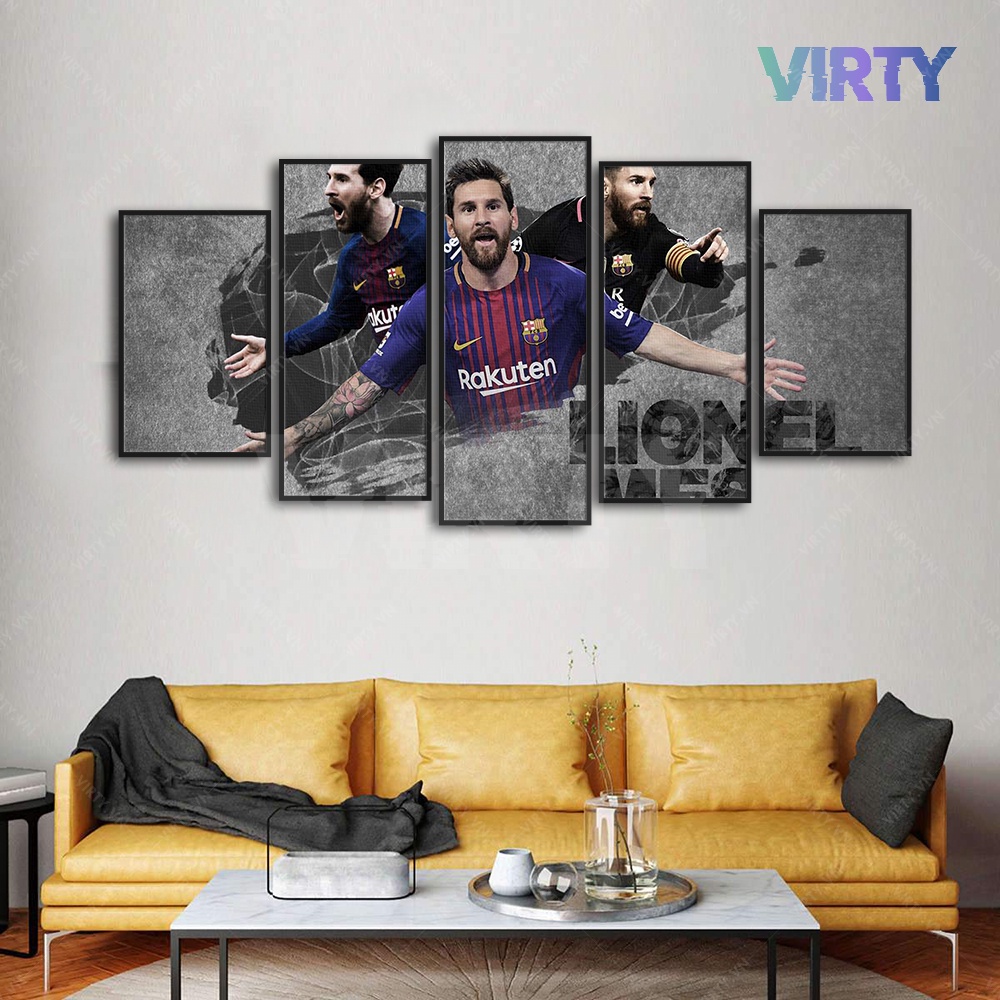 Bộ 5 Tranh treo tường cầu thủ bóng đá MESSI  kèm khung composite VIRTY Tranh Canvas decor phòng ngủ, phòng làm việc
