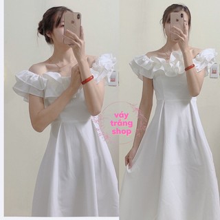Váy công chúa trễ vai bèo bồng bềnh chất lụa hàn không nhăn siêu đẹp Váy trắng shop