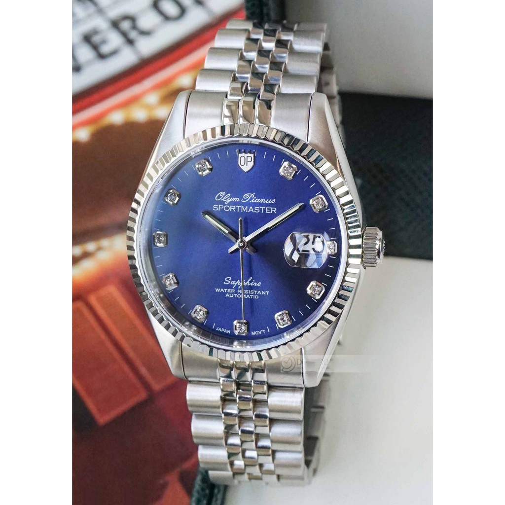 Đồng hồ nam dây kim loại mặt kính sapphire automatic Olym Pianus OP89322 OP89322AGS xanh dương