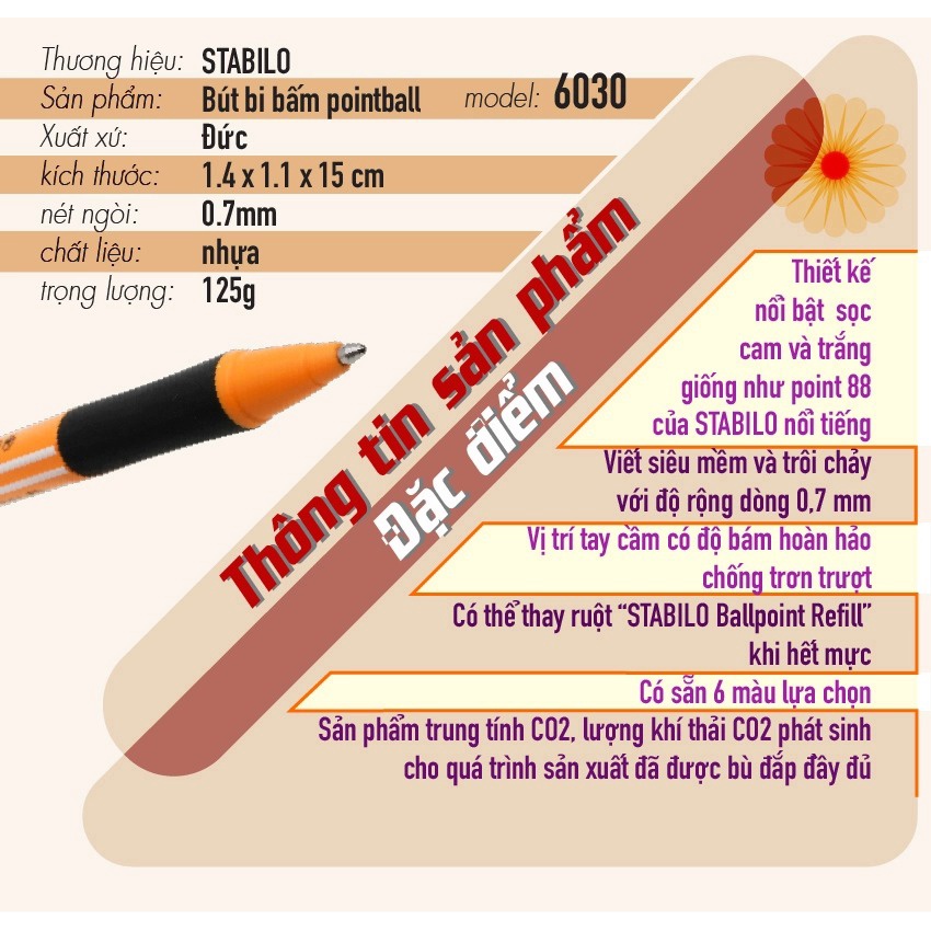 Combo Bút bi bấm STABILO pointball POINT ( Xanh, Đen, Đỏ, Xanh lá, Tím, Xanh nhạt)