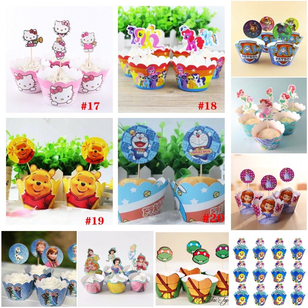 Set 24 Phụ Kiện Màng Bọc Và Topper Trang Trí Bánh Cupcake Họa Tiết Chuột Mickey Minnie / Doraemon / Công Chúa Băng Giá