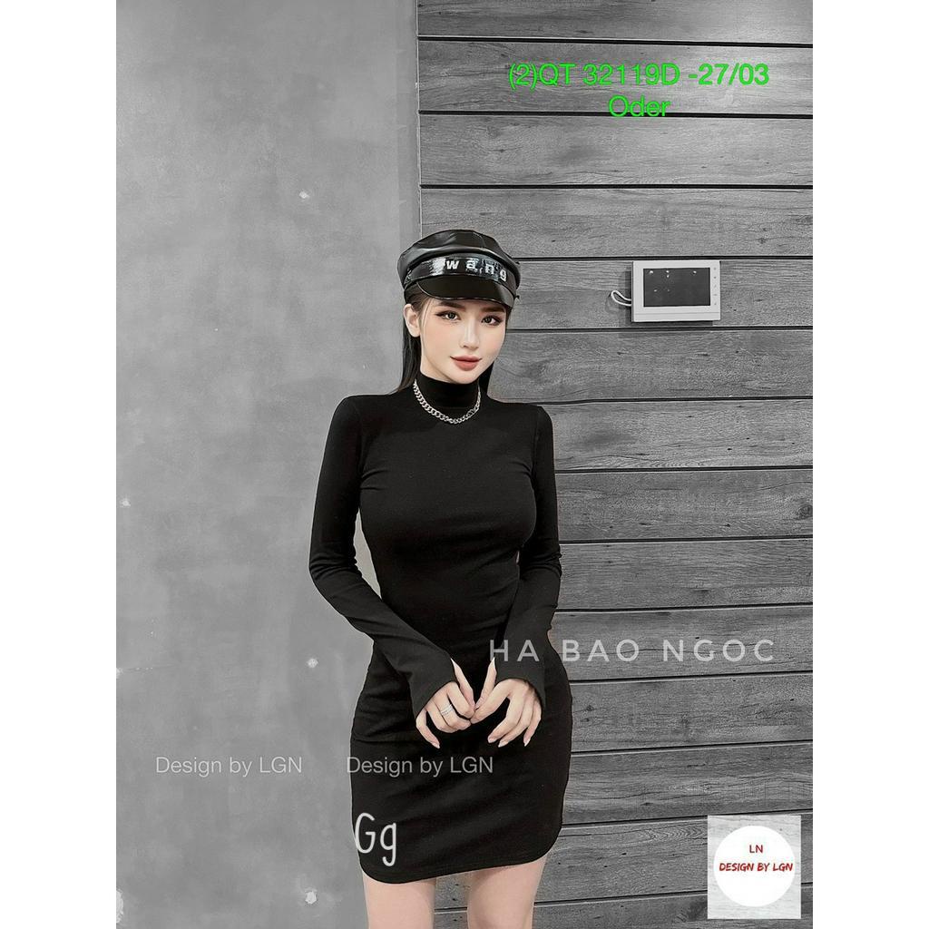 Đầm tay dài cổ lọ dáng ngắn chất gân mềm