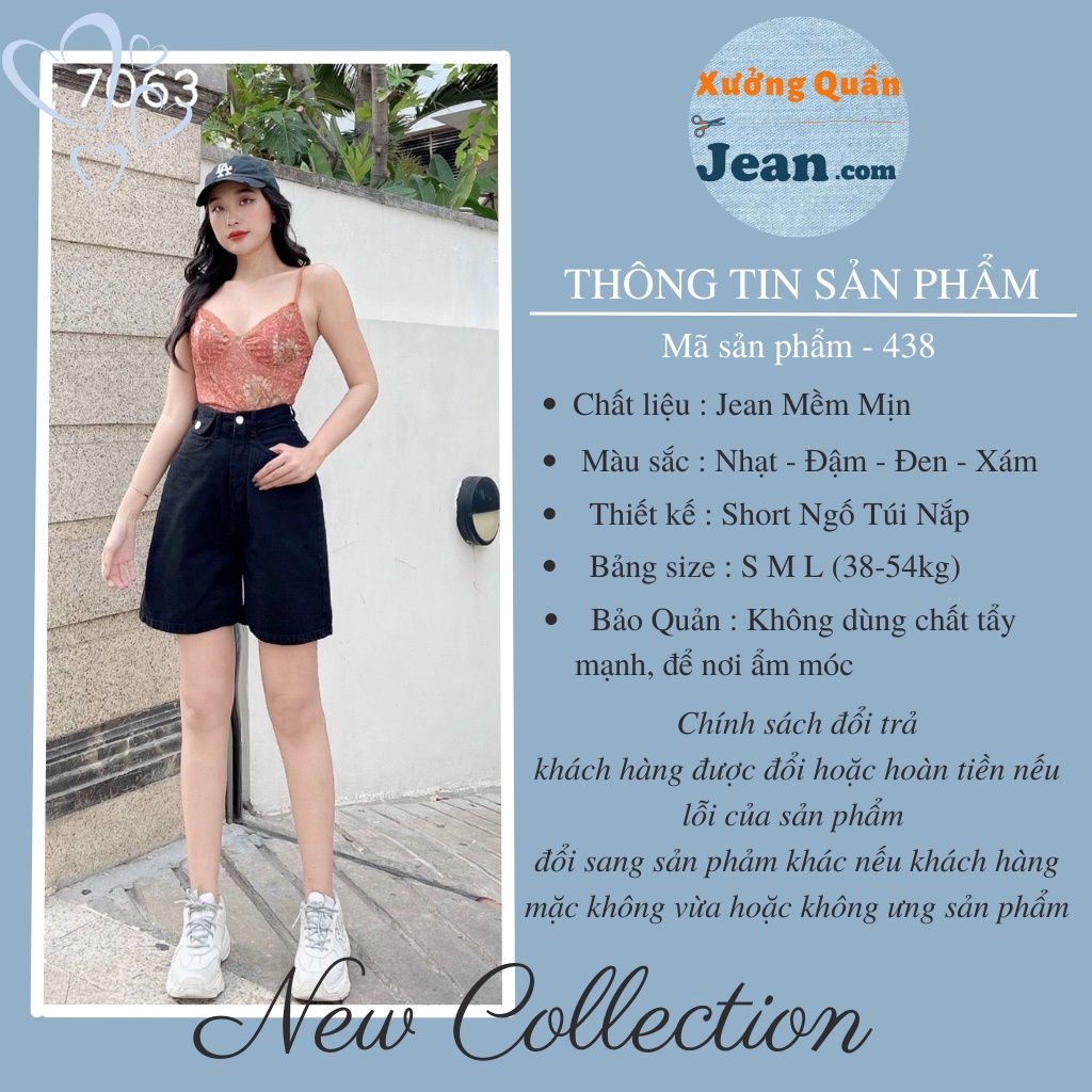 Quần Short Jean Ngố Nữ Ống Rộng Túi Nắp Lưng Cao Basic Chất Bò Phong Cách Ulzzang Hàn Quốc 4 Màu 438