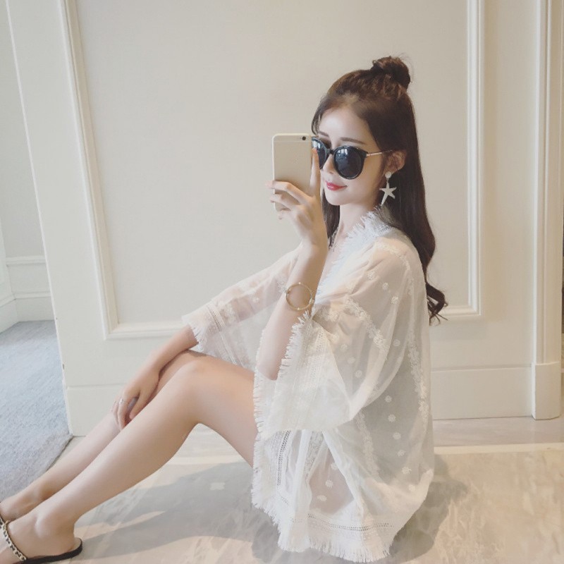 [Baywellfashion]FREESHIP ĐƠN 99K_ Women Lace Embroider Loose Chiffon Blouse Tops Summer Beach Cover up Tassel Cardigan | BigBuy360 - bigbuy360.vn