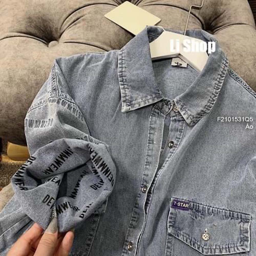 Áo sơ mi jean có túi tay ngắn in chữ!