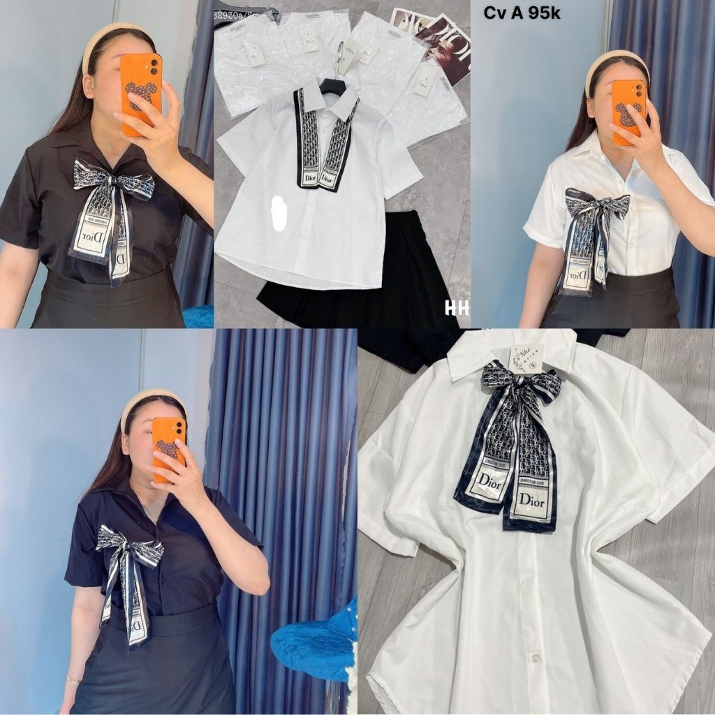 Áo sơ mi bigsize nữ, Áo sơ mi nơ trắng đen  bigsize giành cho nữ SM NO LUA -bigsize cô nhỏ