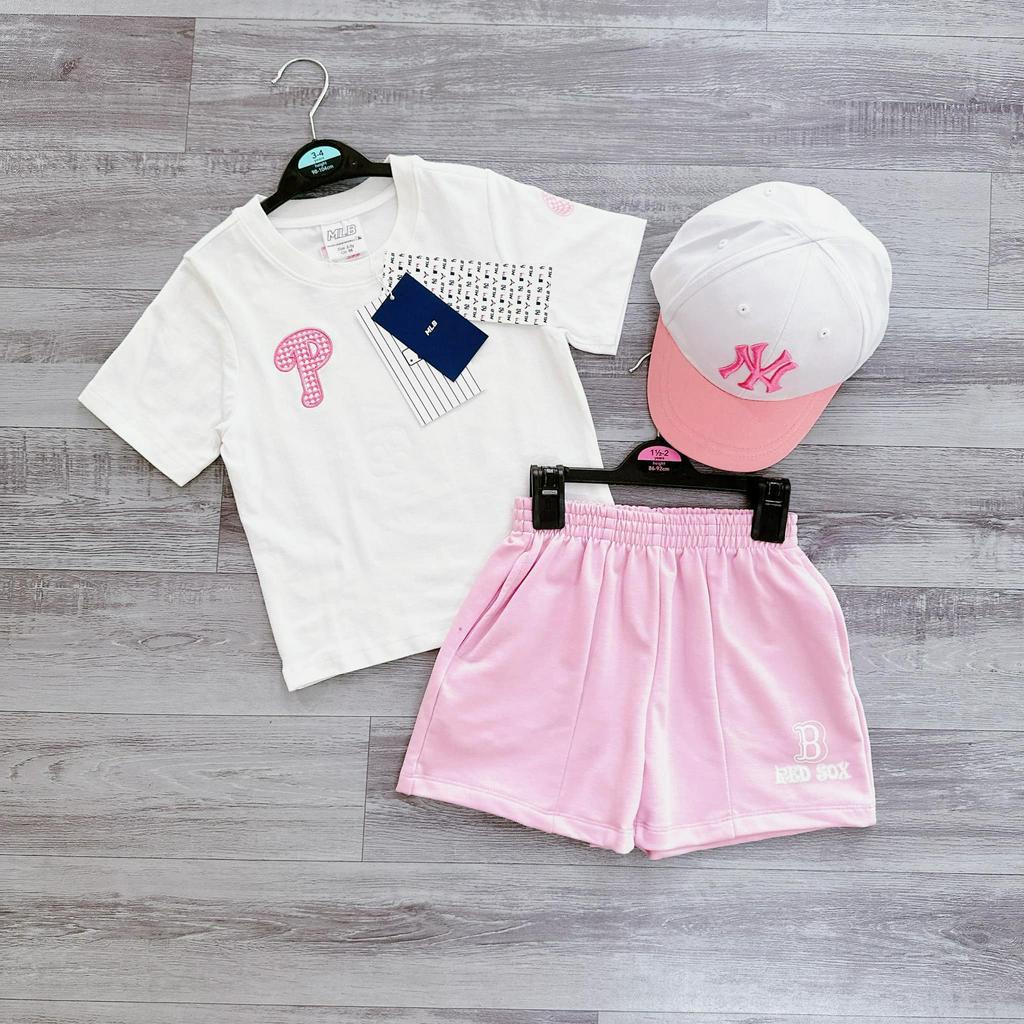 Bộ MLB thêu bé gái màu hồng có kèm nón size 12-23kg
