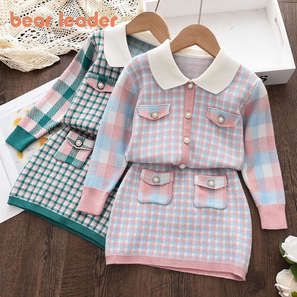 Set BEAR LEADER áo cardigan len phối chân váy chữ A kẻ sọc caro thời trang thu đông cho bé gái 3-7 tuổi