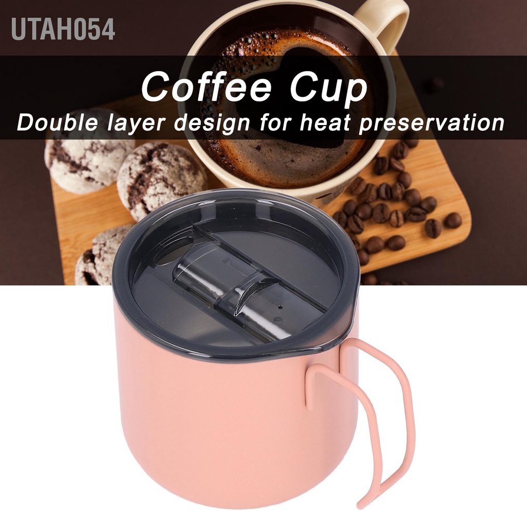 Utah054 Cà phê Du lịch Cốc 350ml Thép không gỉ Bền  Chống mài mòn Nắp silicone Hai lớp Bảo quản Nhiệt cà