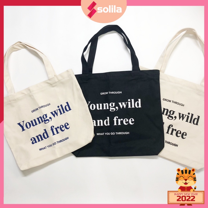 Túi vải canvas cao cấp Young Wild And Free khổ vuông phong cách Hàn Quốc