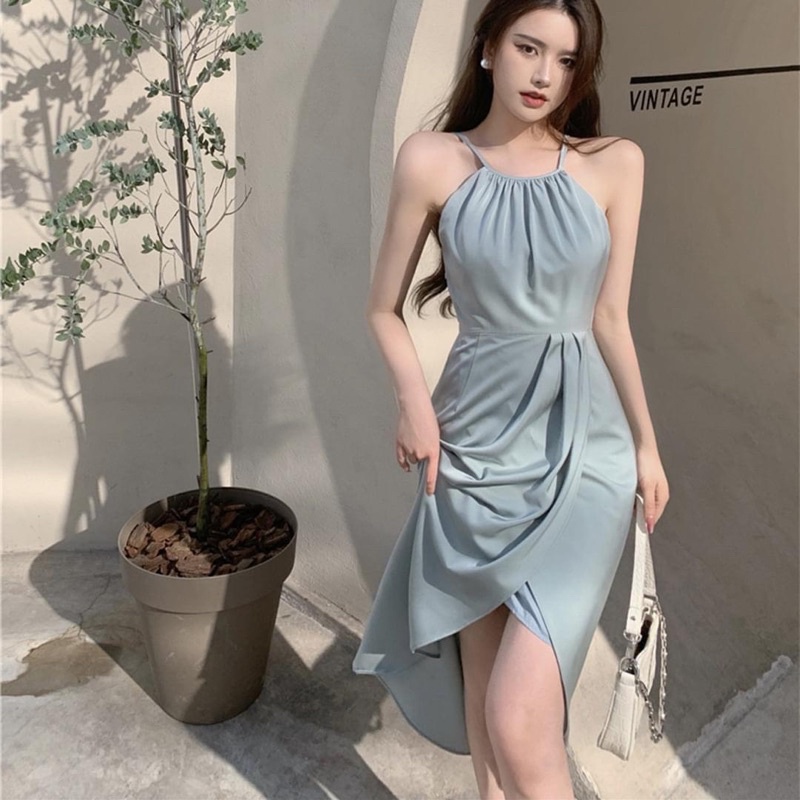 ĐẦM MIDI XANH CỔ YẾM CỘT NƠ LƯNG