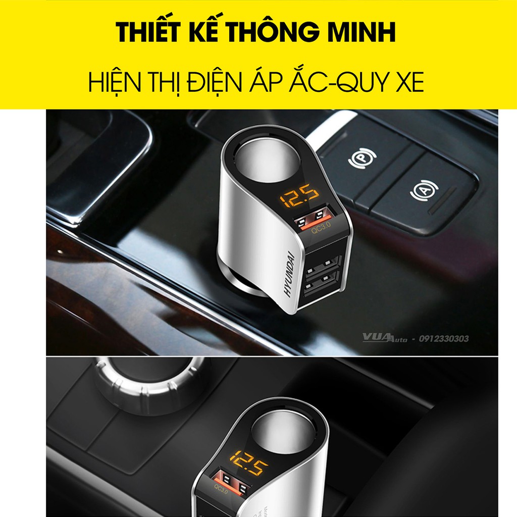 Tẩu sạc ô tô Hyundai chính hãng, 1 đầu tẩu sạc nhanh ổn định và 3 cổng USB, đèn led báo hiệu điện áp ắc quy tiện lợi