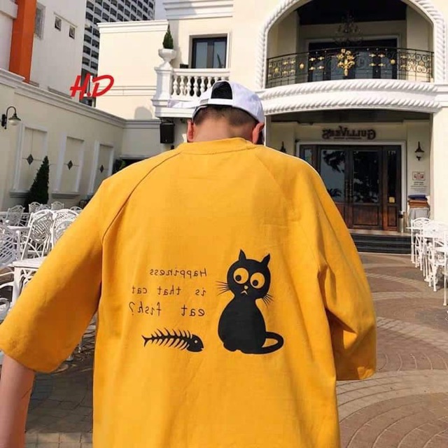 Áo phông  mèo đen xương cá in lưng HDA0619