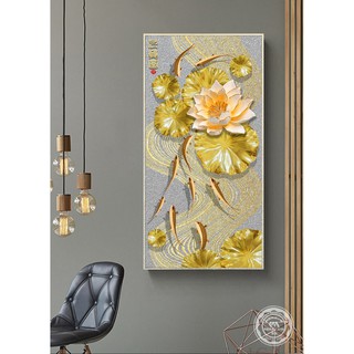 Tranh treo tường nghệ thuật hiện đại phong thủy hoa sen vàng và đàn cá chép tài lộc may mắn 201810311018117561324
