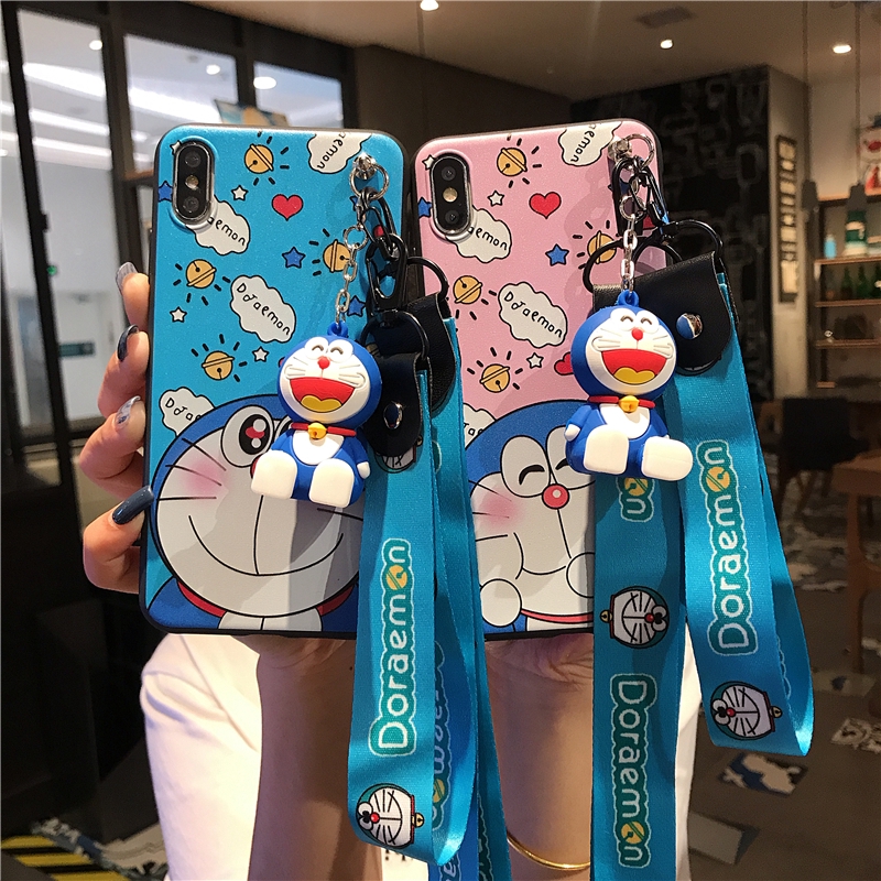 Ốp điện thoại mềm in hình Doraemon kèm dây đeo + giá đỡ xinh xắn cho iPhone 6 6s 7 8 Plus X XS Max XR 11 12 13 Pro Max 12 Mini HD07