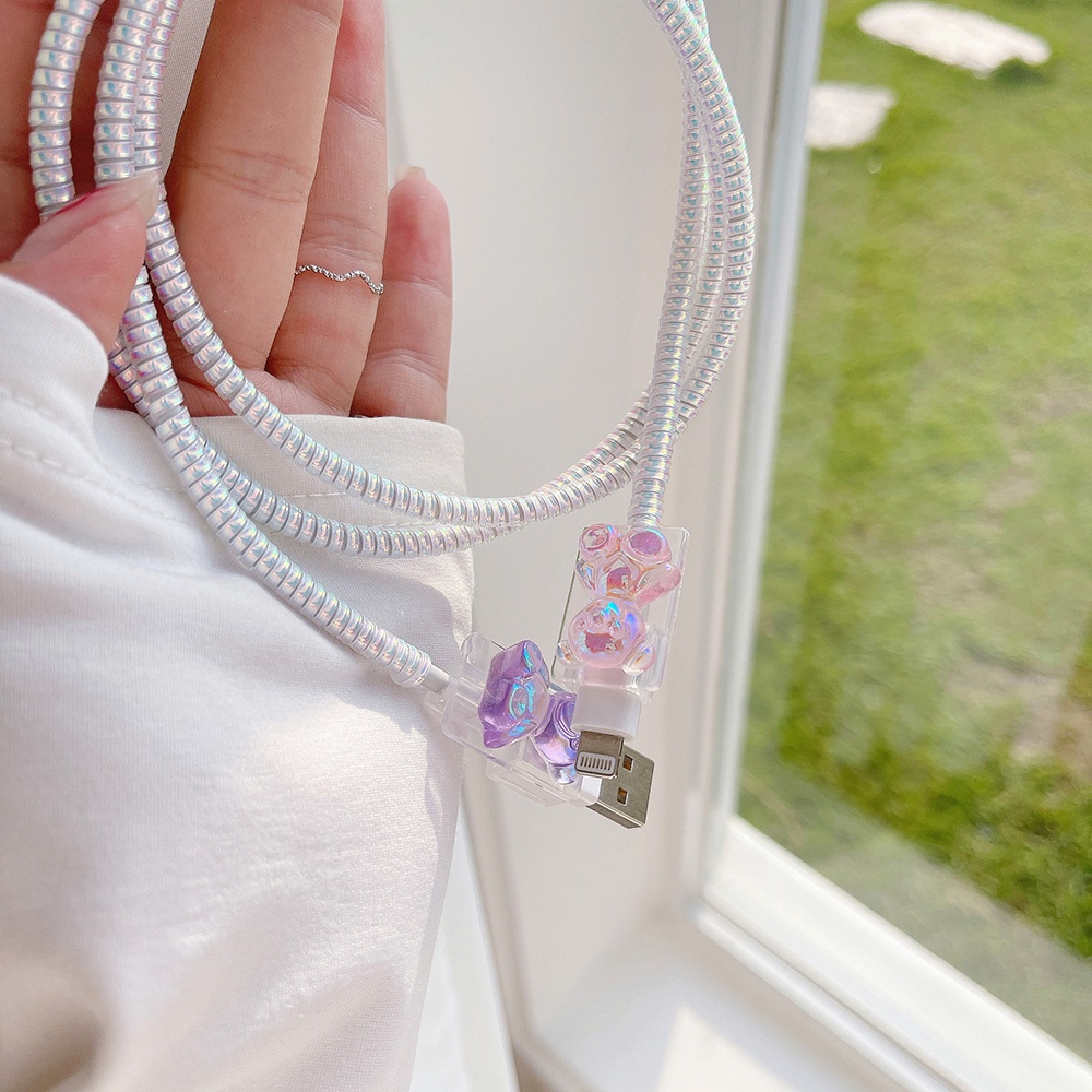 Phụ Kiện Bảo Vệ Dây Cáp USB Trong Suốt Hình Gấu Màu Laser Dễ Thương