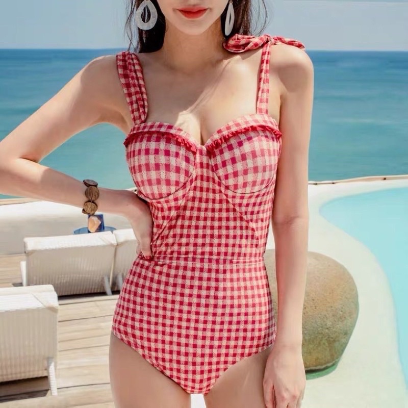 Bikini liền mảnh Monokini caro đỏ xinh xắn cho bạn gái