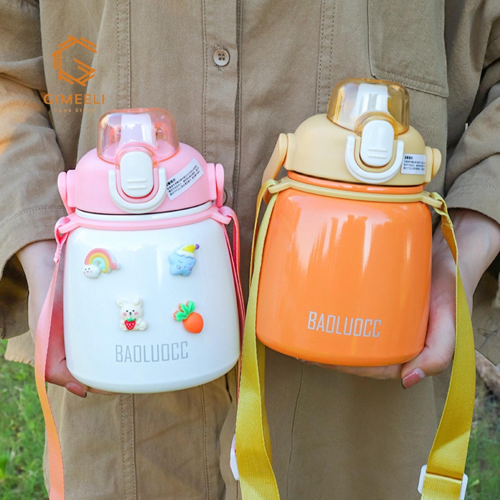 Bình giữ nhiệt cho bé đi học 650ml baoluocc bình nước giữ nhiệt có ống hút dây đeo chất liệu sus304 kèm sticker icon 3d