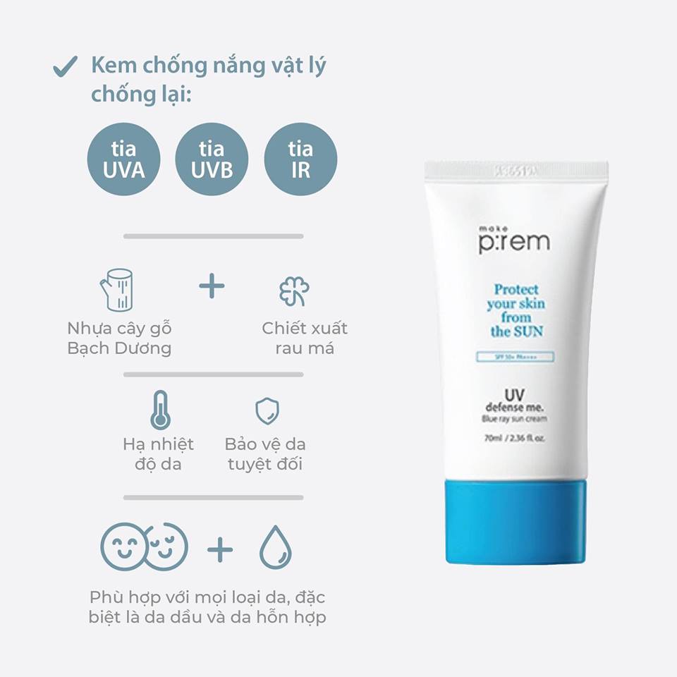 Kem Chống Nắng Vật Lý Make Prem [ Make P:rem ] UV Defense Me Blue Ray Sun Cream 70ml