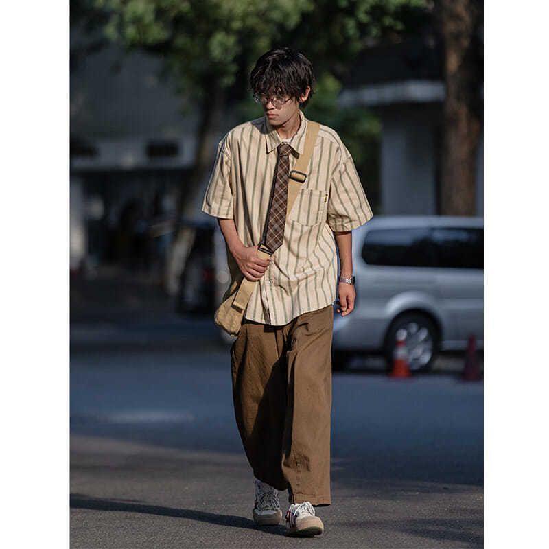 Set Áo Sơ Mi Ngắn Tay Họa Tiết Kẻ Sọc Và Quần Short Phong Cách Retro Nhật Bản Cho Nam Và Nữ