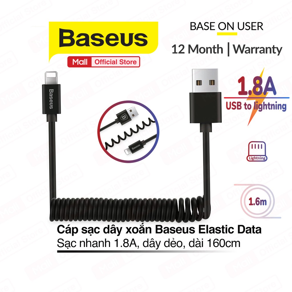 Cáp sạc dây xoắn Baseus Elastic Data USB to Lightning, sạc nhanh 1.8A Max, dây dẻo dạng lò xò, dài 160cm