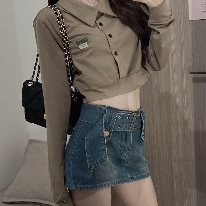 Áo Lửng Nữ Dài Tay Cổ Bẻ Trễ Vai Thời Trang Hàn