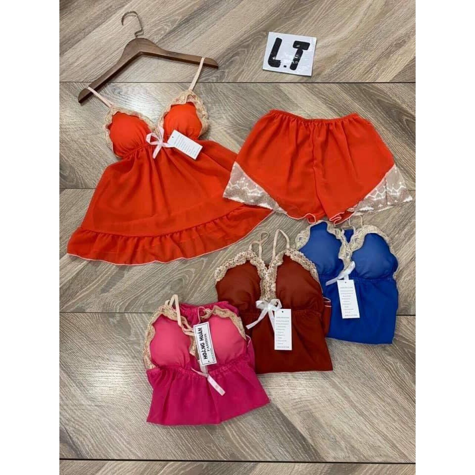 Bộ Đồ Ngủ Hai Dây Voan Bèo Lai Phối Ren Có Mút Ngực