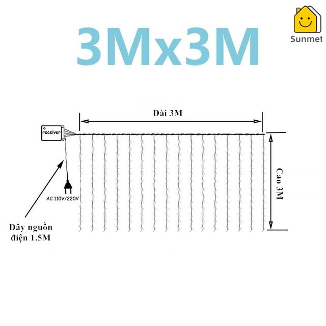 Đèn Rèm Thả Mành Đèn LED Dài 3X3,12 Sợi Chớp Nháy Và Đứng Yên Treo Ngoài Trời Chống Nước Trang Trí Tiệc noel -Sunmet