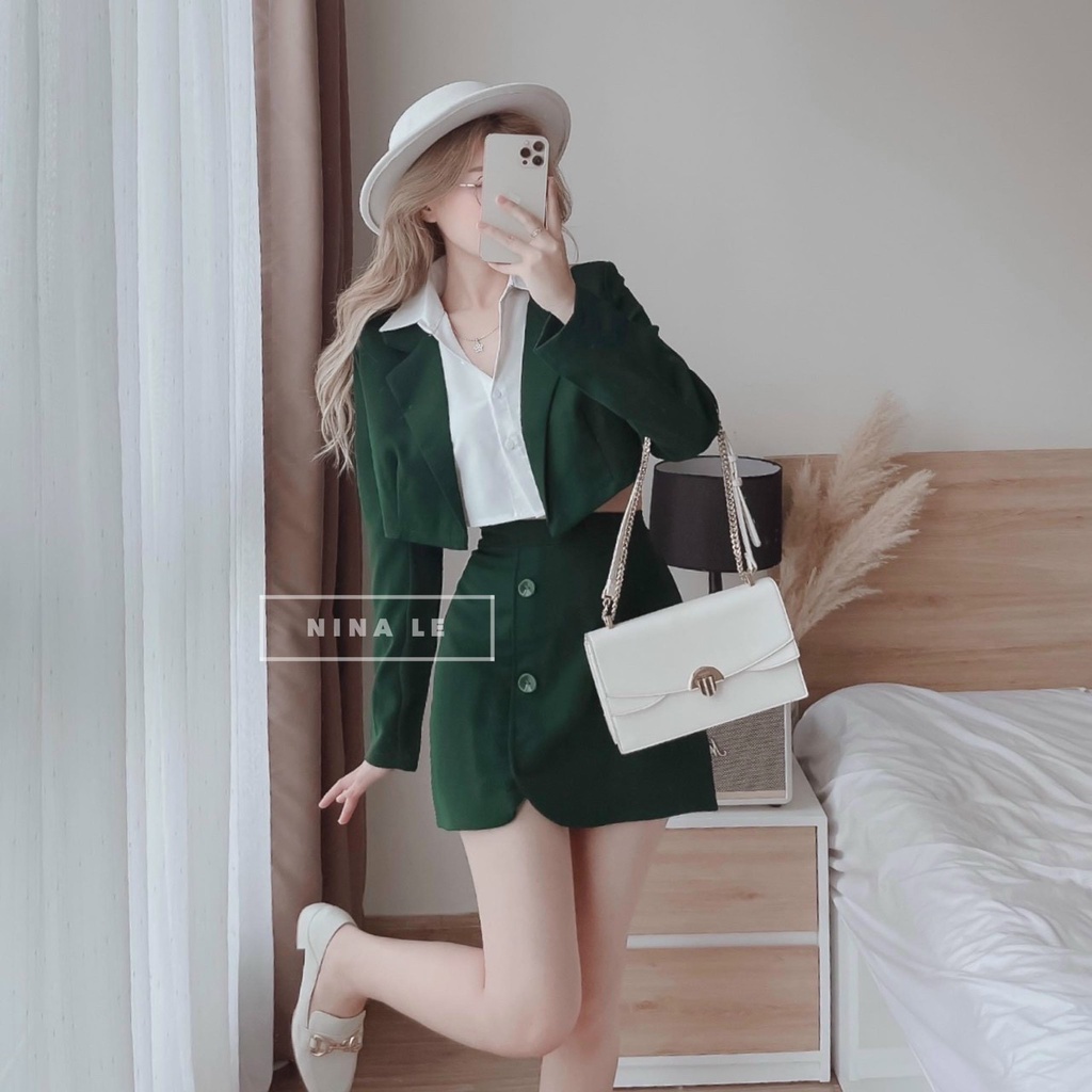 Áo blazer nữ - áo vest nữ,Sét bộ 3 món gồm áo blazer mix áo sơ mi croptop và chân váy xinh xắn